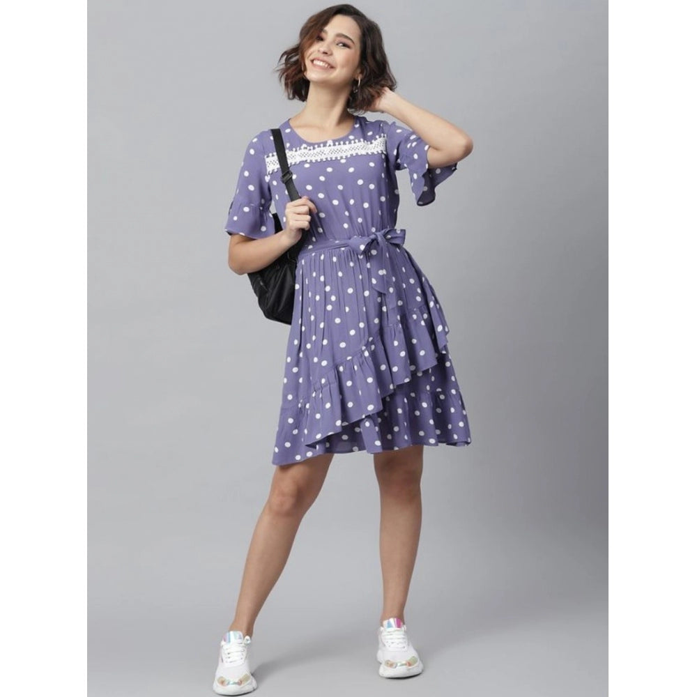 Indoraa Women's Polyester Polka Bell Sleeve Above Knee Dress (Lavender)