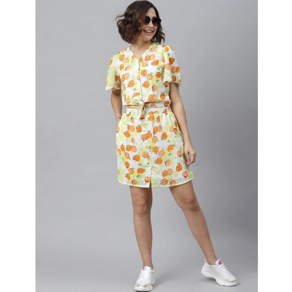 Indoraa Women's Polyester Printed Flutter Above Knee Dress (Orange - Yellow)