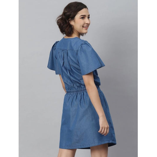 Indoraa Women's Denim Solid Flutter Above Knee Dress (Blue)