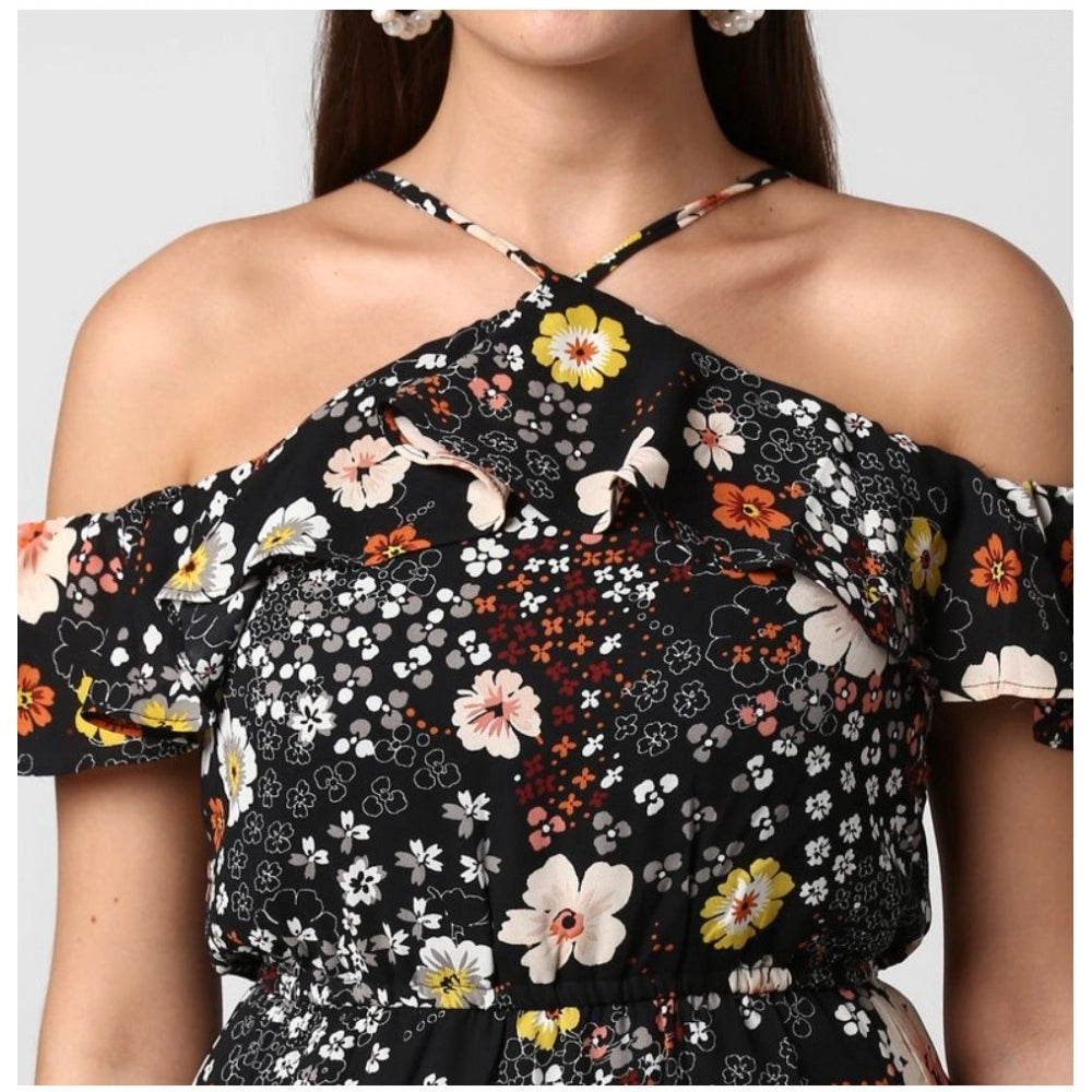 Indoraa Women's Polyester Floral Cold Shoulder Above Knee Dress (Black)