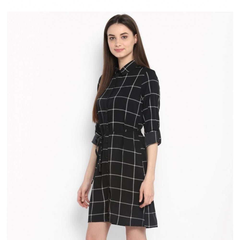 Indoraa Women's Polyester Checkered Roll Up Sleeve Above Knee Dress (Black - White)