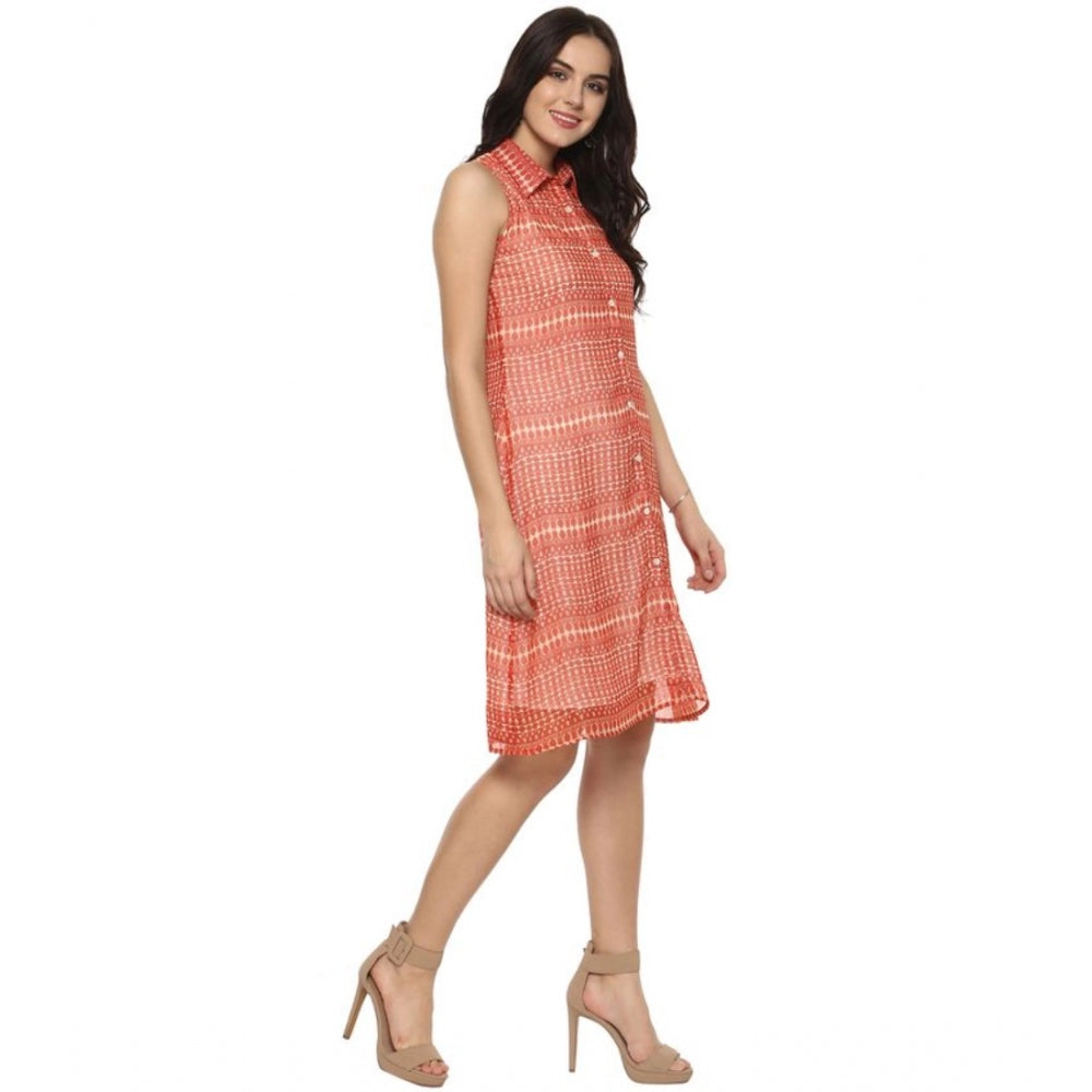 Indoraa Women's Polyester Printed Sleeveless Above Knee Dress (Orange)