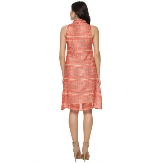 Indoraa Women's Polyester Printed Sleeveless Above Knee Dress (Orange)