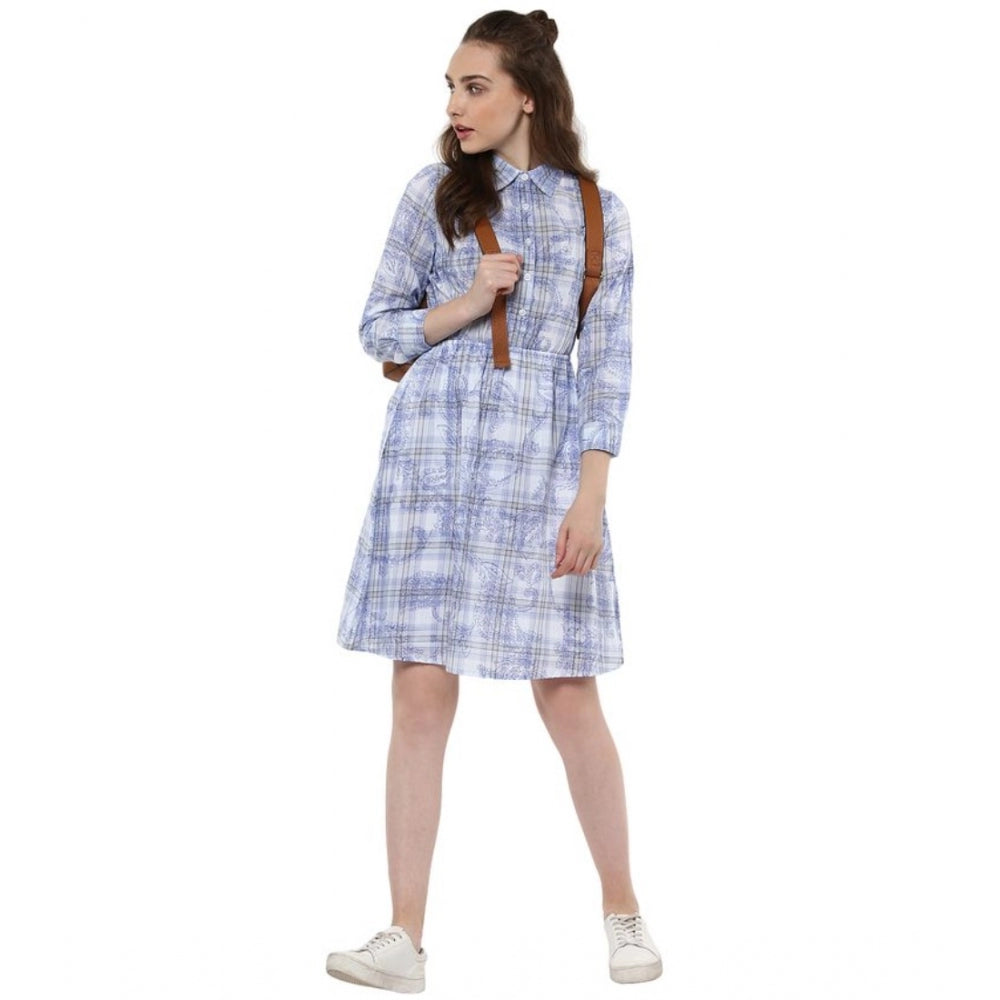 Indoraa Women's Cotton Checkered Roll Up Sleeve Above Knee Dress (Blue)