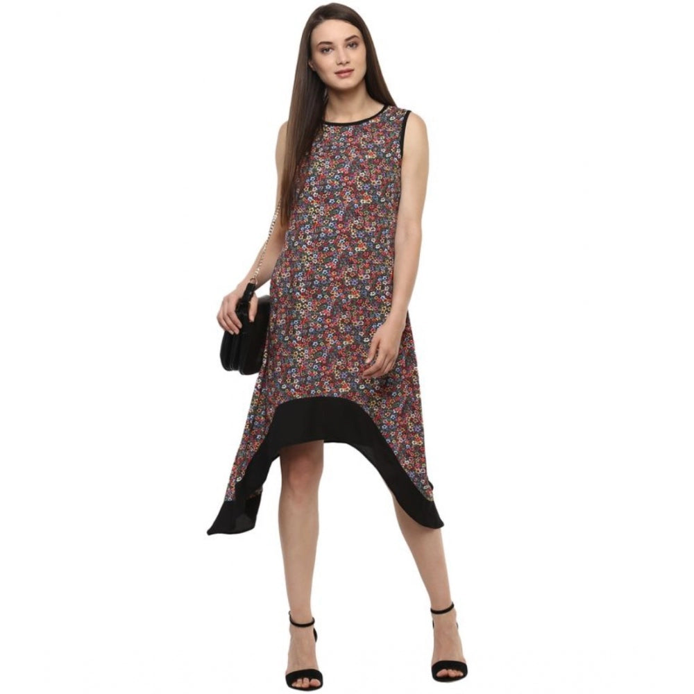 Indoraa Women's Polyester Printed Sleeveless Knee-Length Dress (Multicolor)
