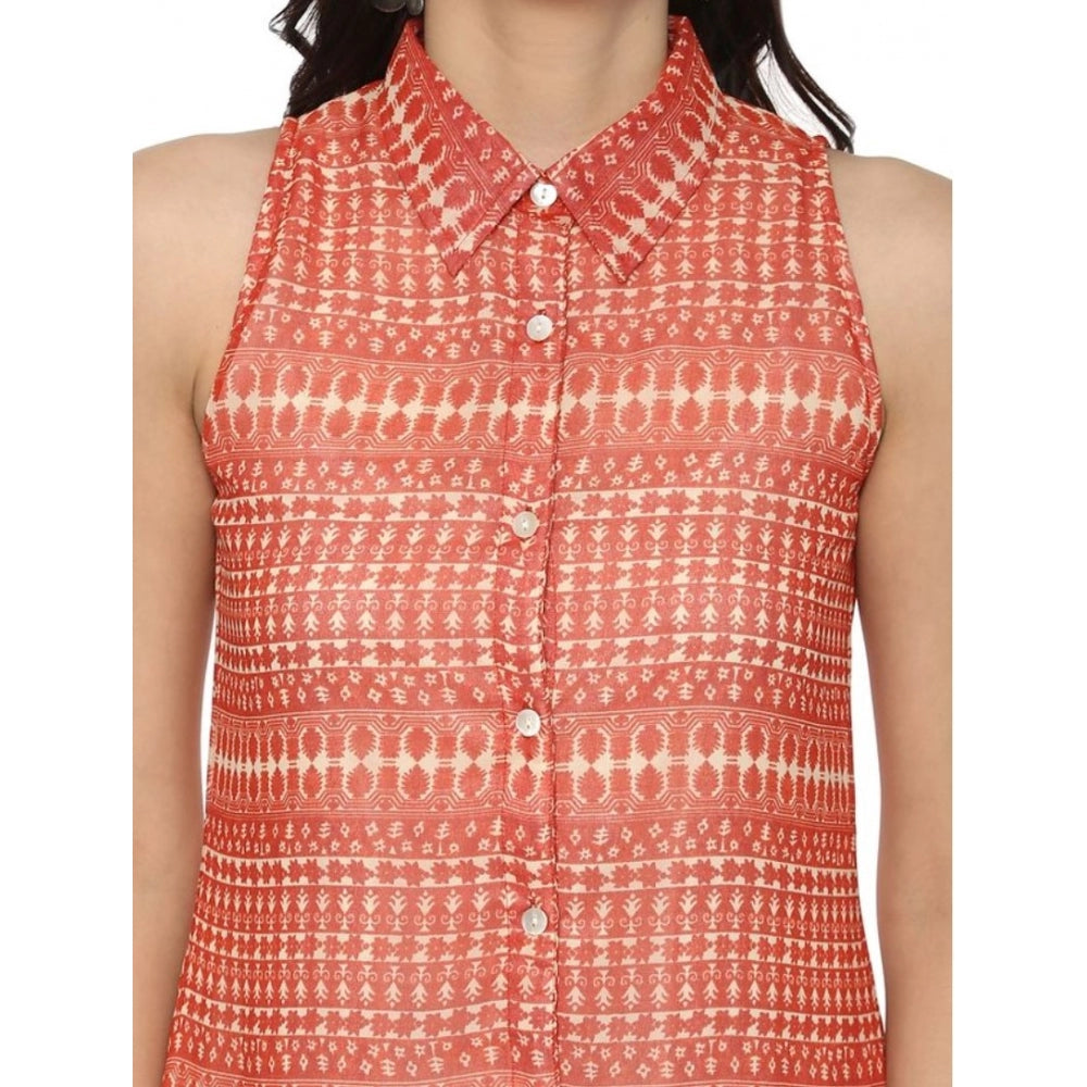Indoraa Women's Polyester Printed Sleeveless Above Knee Dress (Orange)