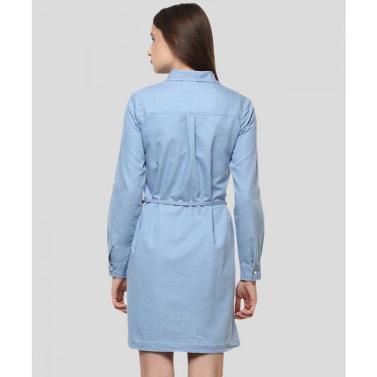 Indoraa Women's Denim Solid Long Sleeves Above Knee Dress (Blue)