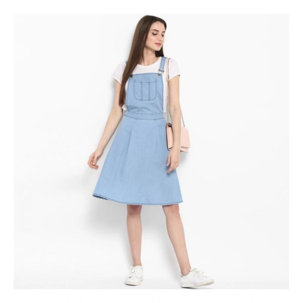 Indoraa Women's Denim Solid Sleeveless Above Knee Dress (Blue)