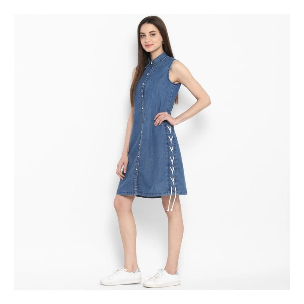 Indoraa Women's Denim Solid Sleeveless Above Knee Dress (Blue)