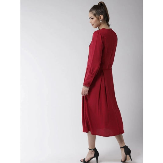Indoraa Women's Polyester Pintuck Long Sleeves Below Knee Dress (Red)