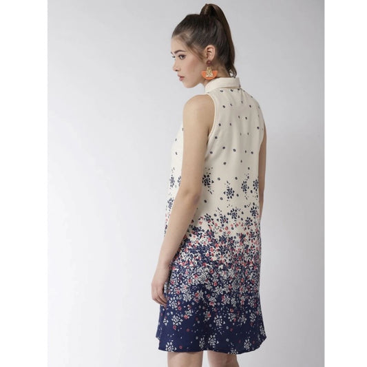Indoraa Women's Polyester Floral Sleeveless Above Knee Dress (Cream)
