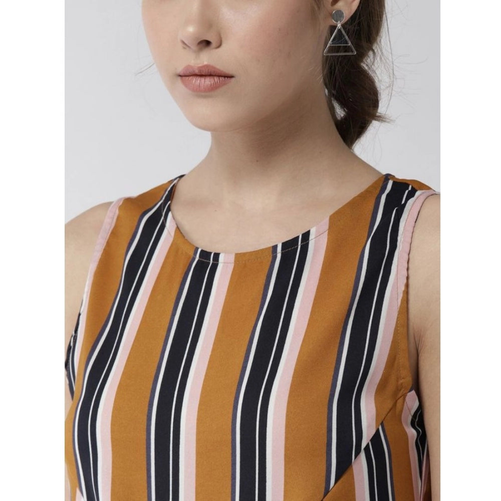 Indoraa Women's Polyester Striped Sleeveless Below Knee Dress (Mustard)