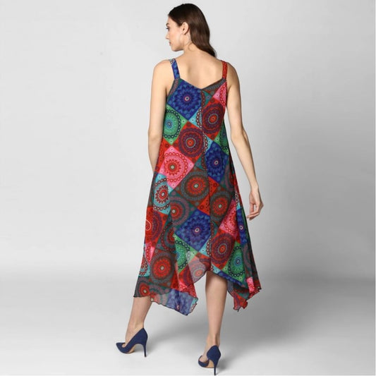 Indoraa Women's Polyester Asymmetrical Shoulder Straps Knee-Length Dress (Multicolor)