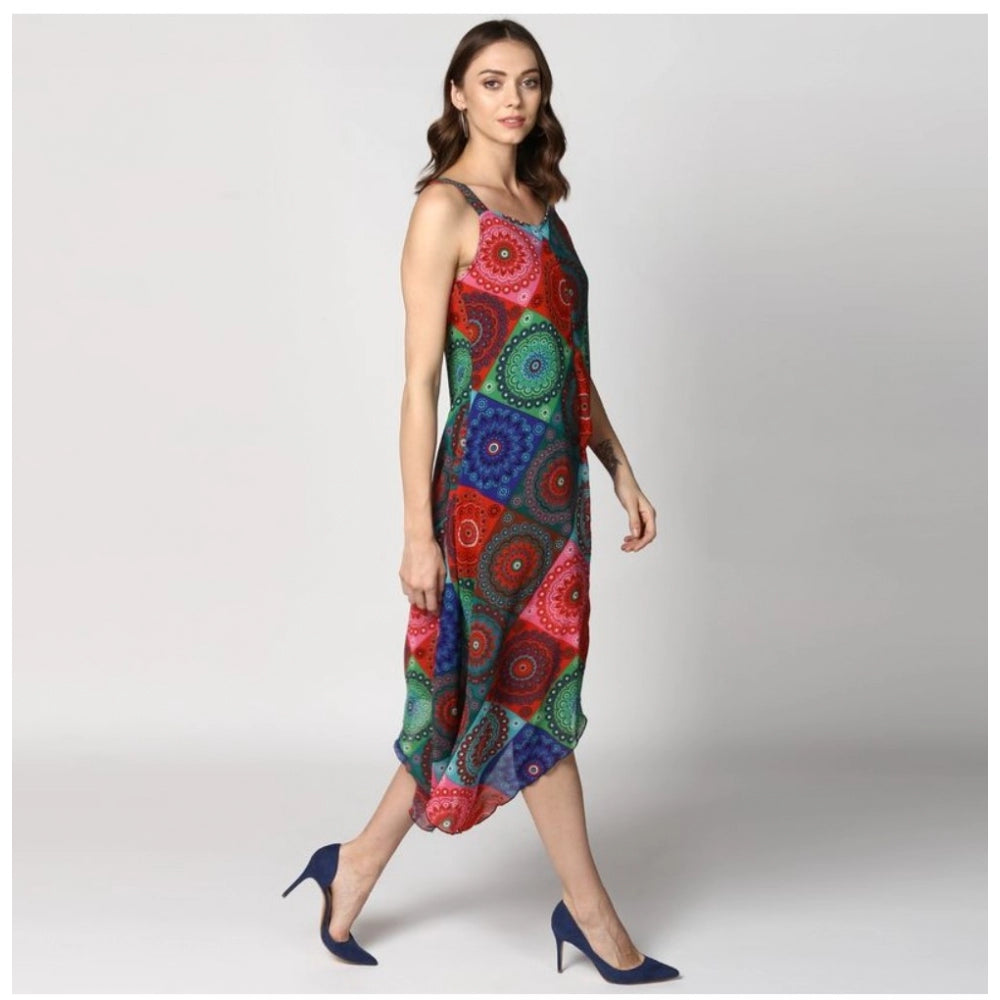 Indoraa Women's Polyester Asymmetrical Shoulder Straps Knee-Length Dress (Multicolor)