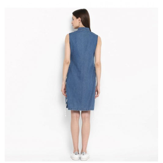 Indoraa Women's Denim Solid Sleeveless Above Knee Dress (Blue)