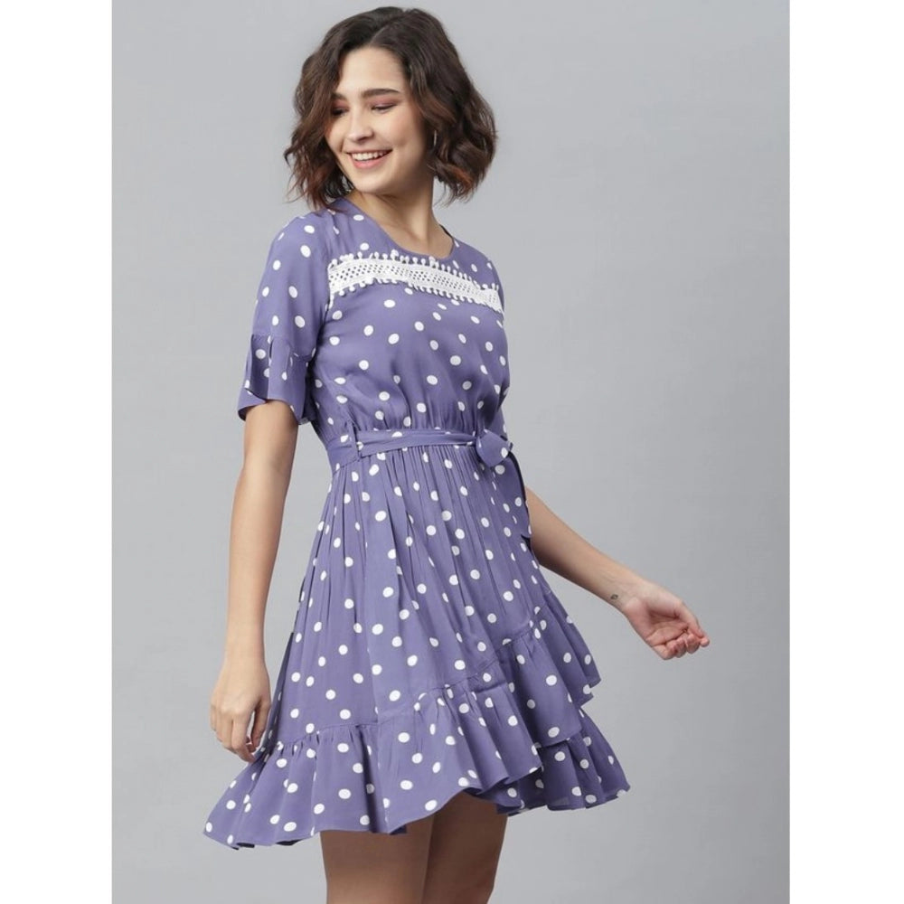 Indoraa Women's Polyester Polka Bell Sleeve Above Knee Dress (Lavender)