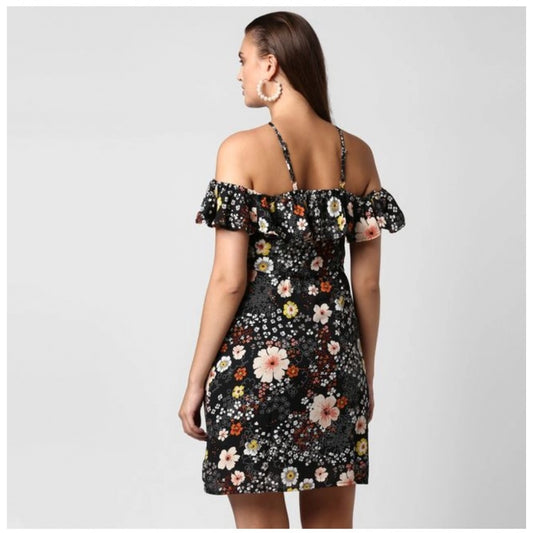 Indoraa Women's Polyester Floral Cold Shoulder Above Knee Dress (Black)