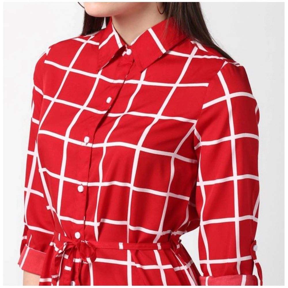 Indoraa Women's Polyester Checkered Long Sleeves Above Knee Dress (Red)