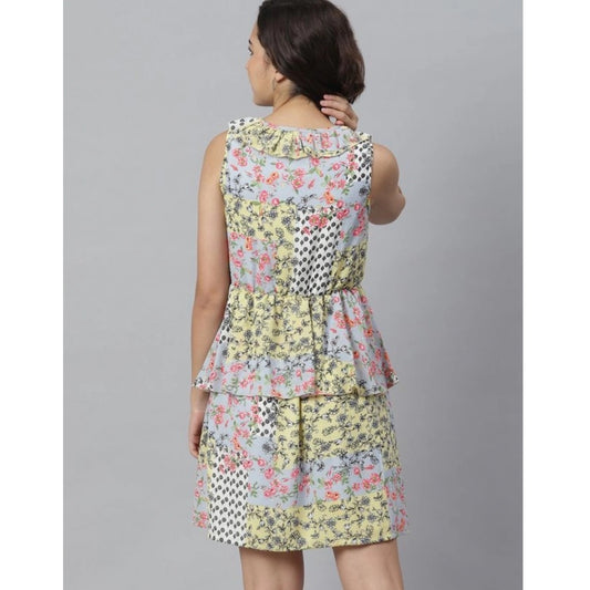 Indoraa Women's Polyester Peplum Sleeveless Above Knee Dress (Multicolor)