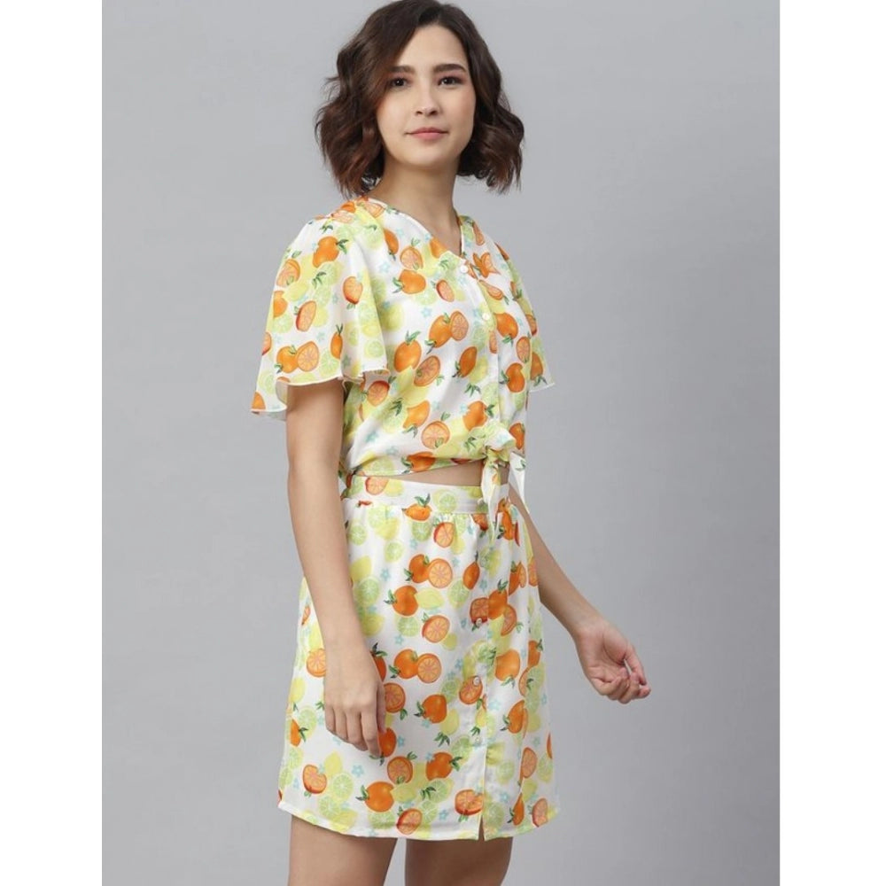 Indoraa Women's Polyester Printed Flutter Above Knee Dress (Orange - Yellow)