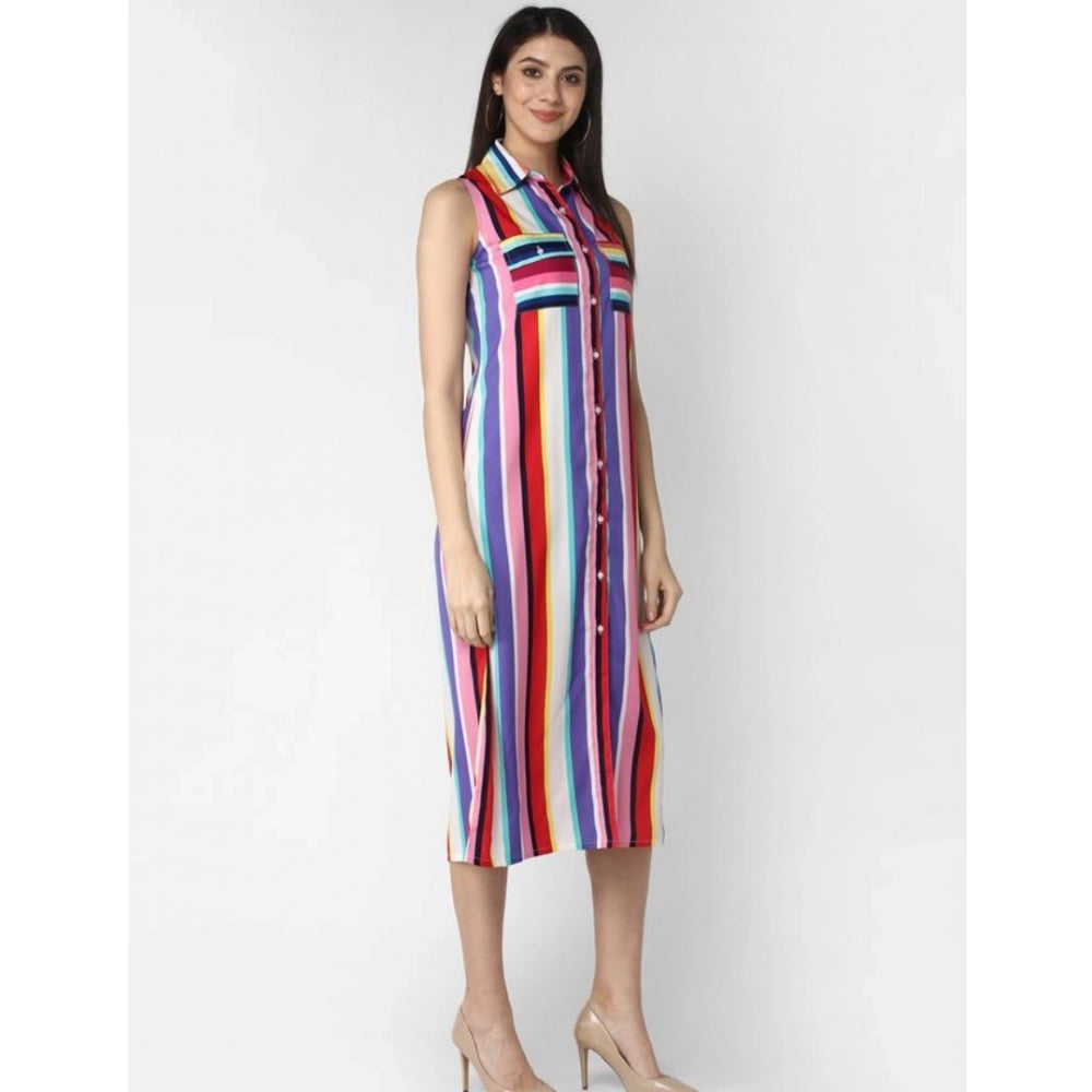 Indoraa Women's Polyester Striped Sleeveless Calf-length Dress (Multicolor)