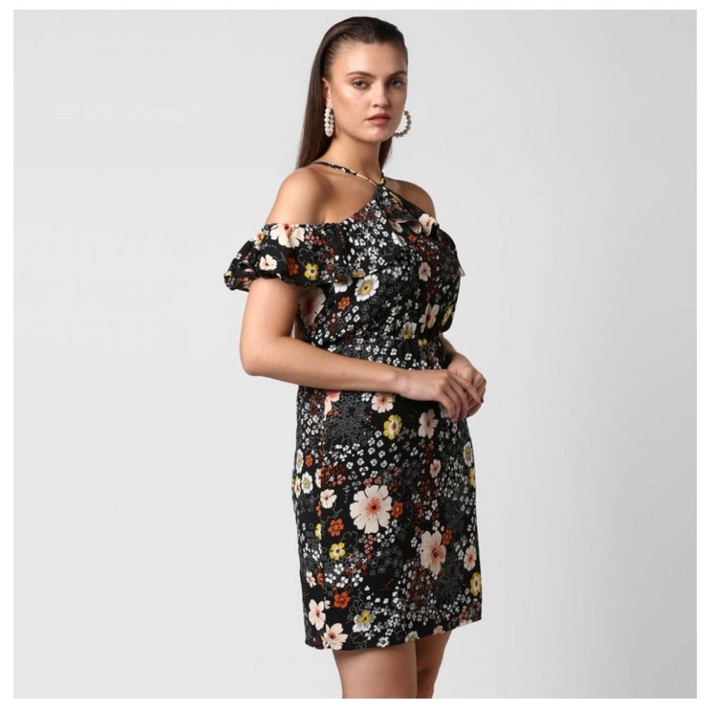 Indoraa Women's Polyester Floral Cold Shoulder Above Knee Dress (Black)
