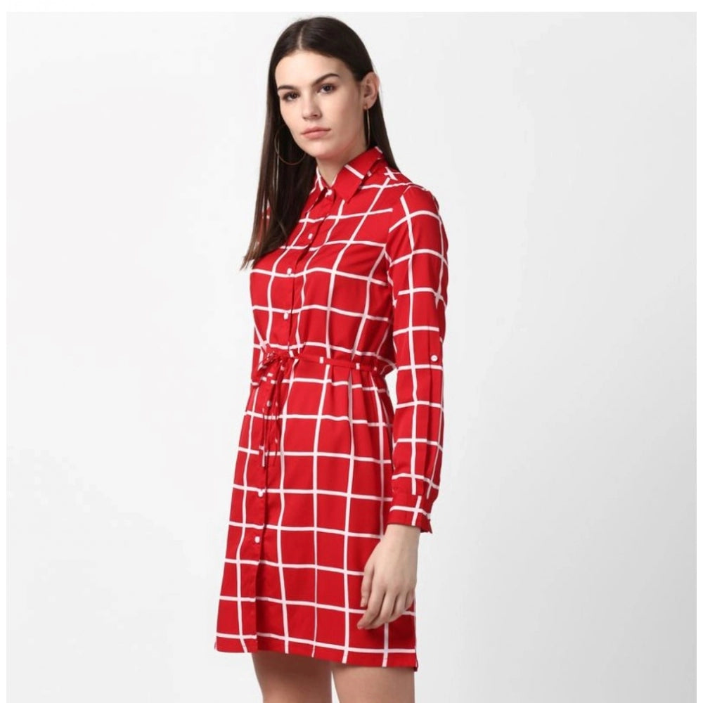 Indoraa Women's Polyester Checkered Long Sleeves Above Knee Dress (Red)