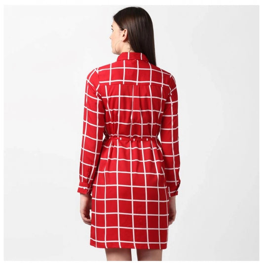Indoraa Women's Polyester Checkered Long Sleeves Above Knee Dress (Red)