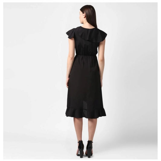 Indoraa Women's Polyester Ruffled Cap Sleeve Knee-Length Dress (Black)