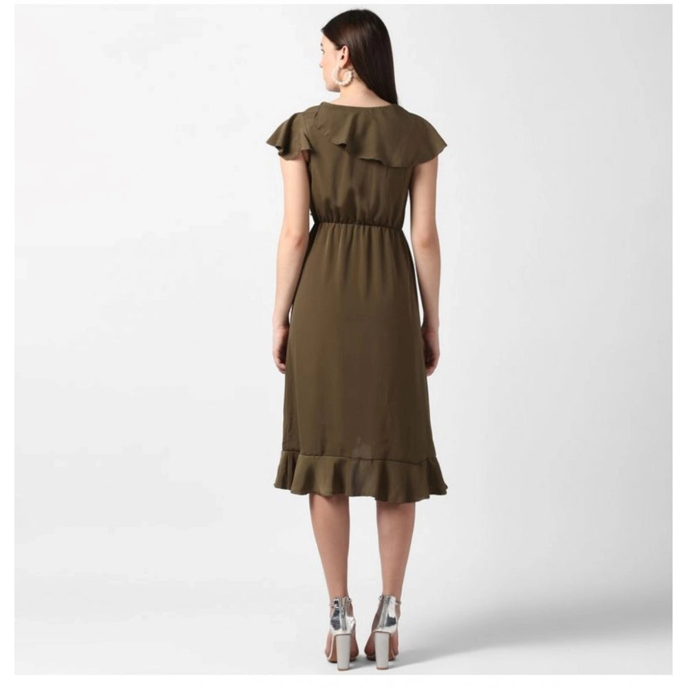 Indoraa Women's Polyester Ruffled Cap Sleeve Knee-Length Dress (Olive)