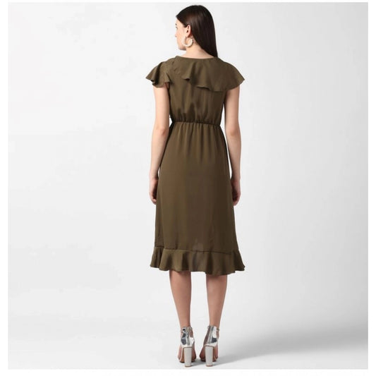 Indoraa Women's Polyester Ruffled Cap Sleeve Knee-Length Dress (Olive)