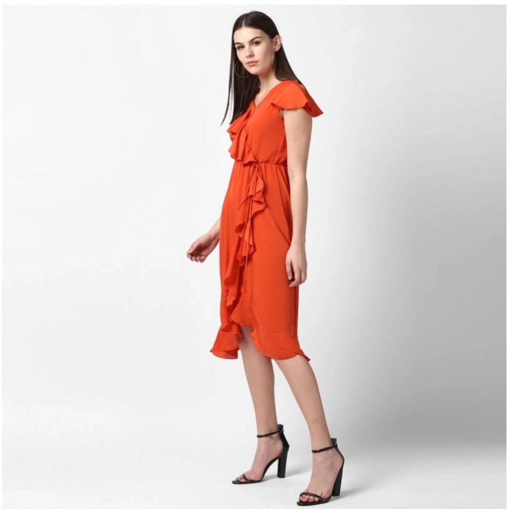 Indoraa Women's Polyester Ruffled Cap Sleeve Knee-Length Dress (Orange)