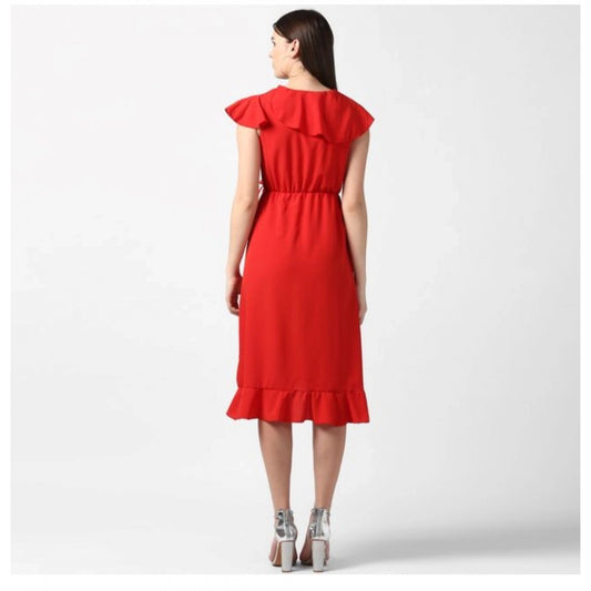 Indoraa Women's Polyester Ruffled Cap Sleeve Knee-Length Dress (Red)