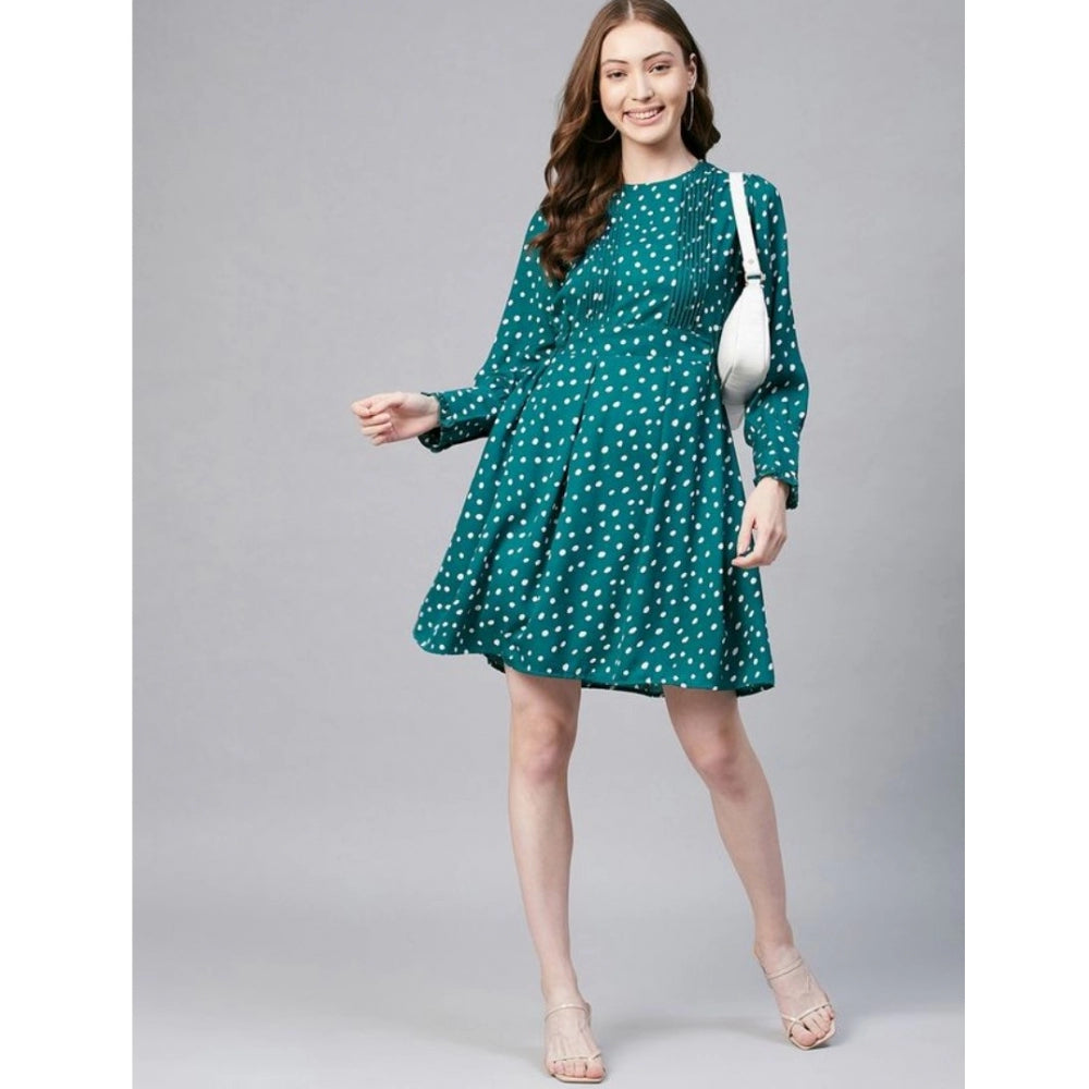 Indoraa Women's Polyester Polka Long Sleeves Above Knee Dress (Green - White)