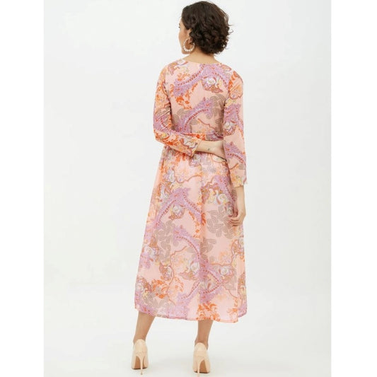 Indoraa Women's Polyester Printed Long Sleeves Calf-length Dress (Multicolor)
