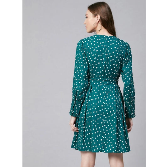 Indoraa Women's Polyester Polka Long Sleeves Above Knee Dress (Green - White)