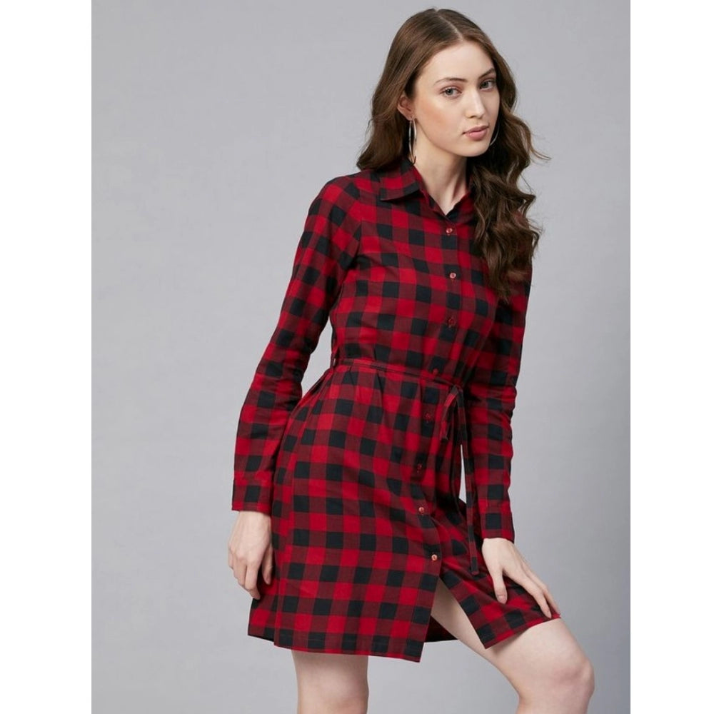 Indoraa Women's Cotton Checkered Long Sleeves Above Knee Dress (Red - Black)