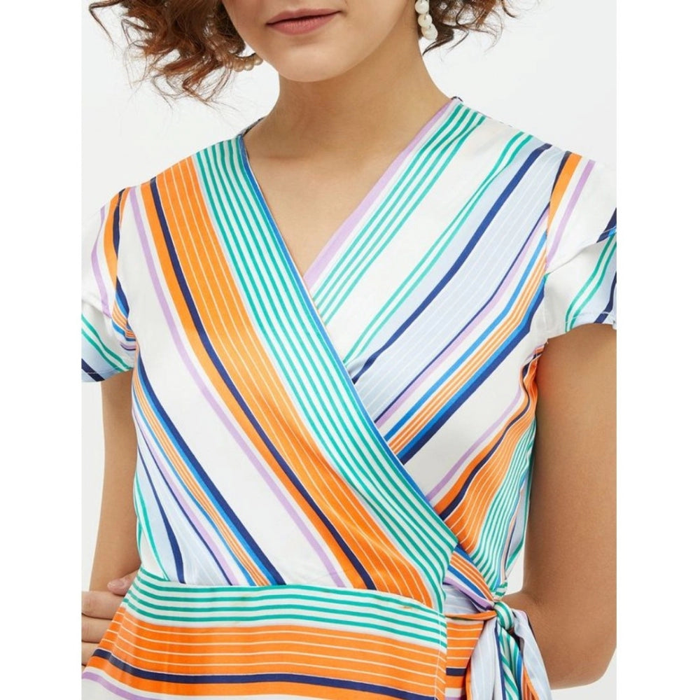 Indoraa Women's Satin Striped Short Sleeve Knee-Length Dress (Multicolor)