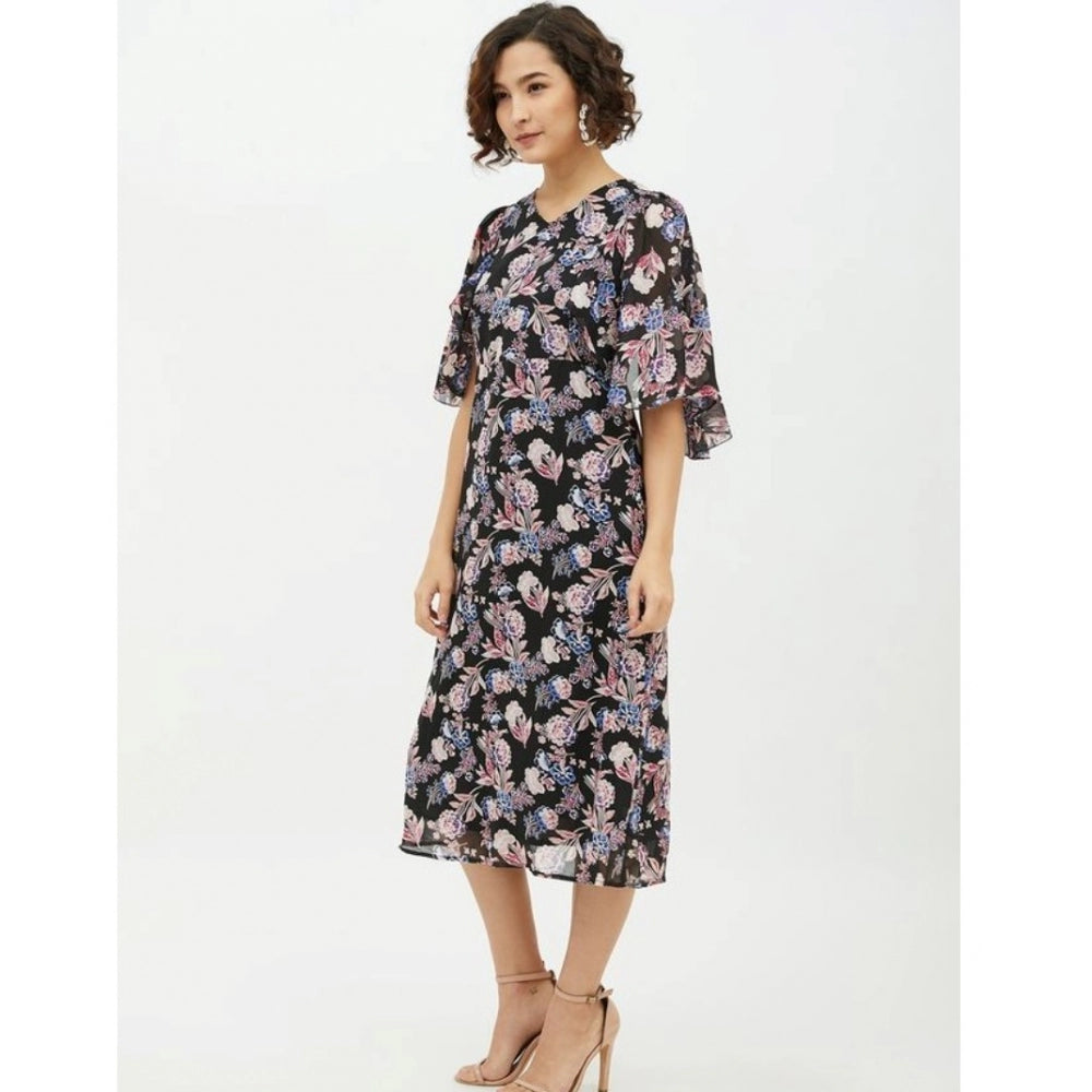 Indoraa Women's Polyester Chain Print Cap Sleeve Calf-length Dress (Multicolor)
