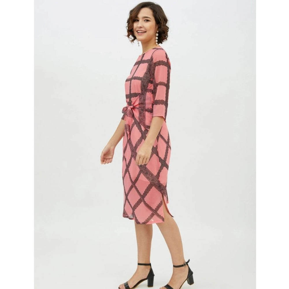 Indoraa Women's Polyester Checkered 3-4th Sleeves Below Knee Dress (Pink)