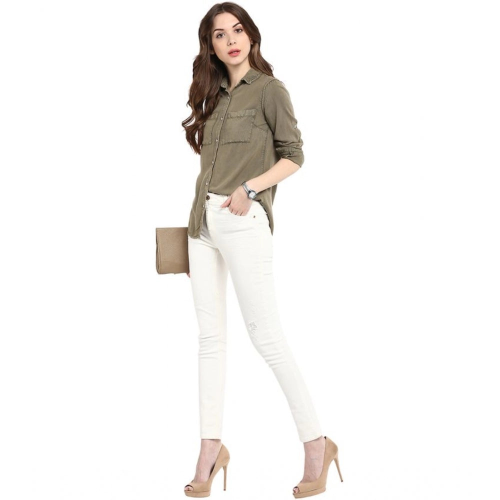 Indoraa Women's Rayon Solid Long Sleeves Standard Length Shirt (Olive Green)