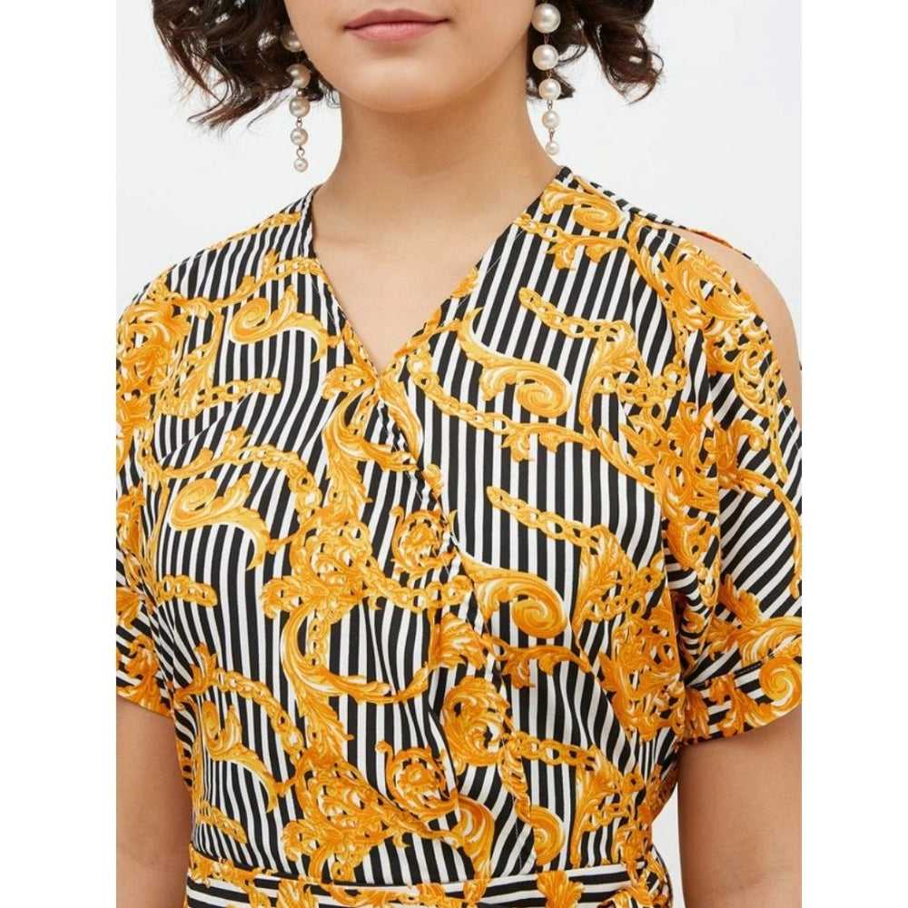 Indoraa Women's Polyester Printed Half Sleeve Long Jumpsuit (Yellow)