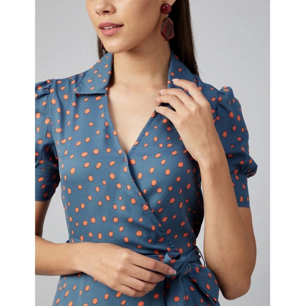 Indoraa Women's Polyester Polka Short Sleeve Above Knee Dress (Grey - Coral)