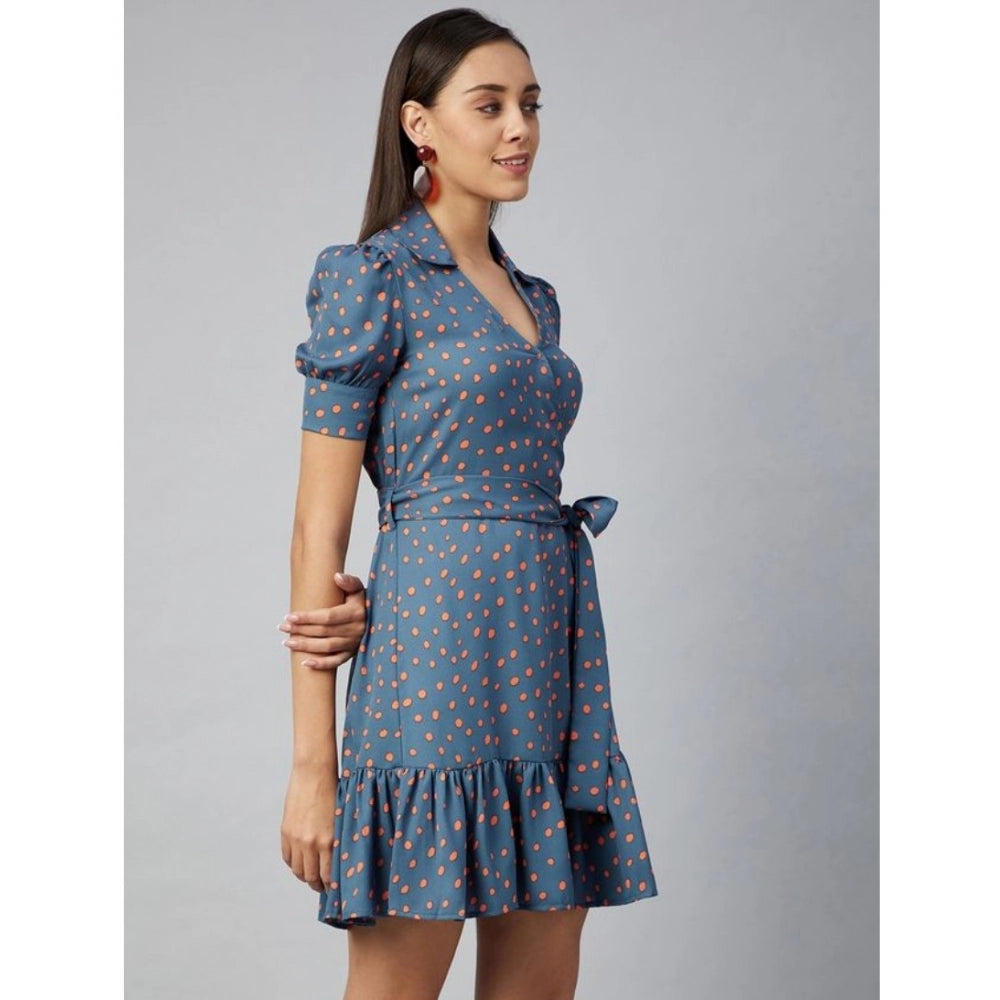 Indoraa Women's Polyester Polka Short Sleeve Above Knee Dress (Grey - Coral)