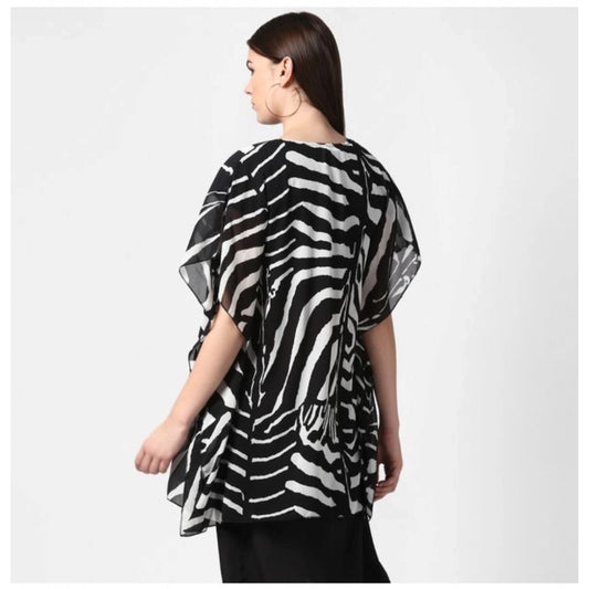 Indoraa Women's Polyester Printed Short Sleeve Shrug (Black)