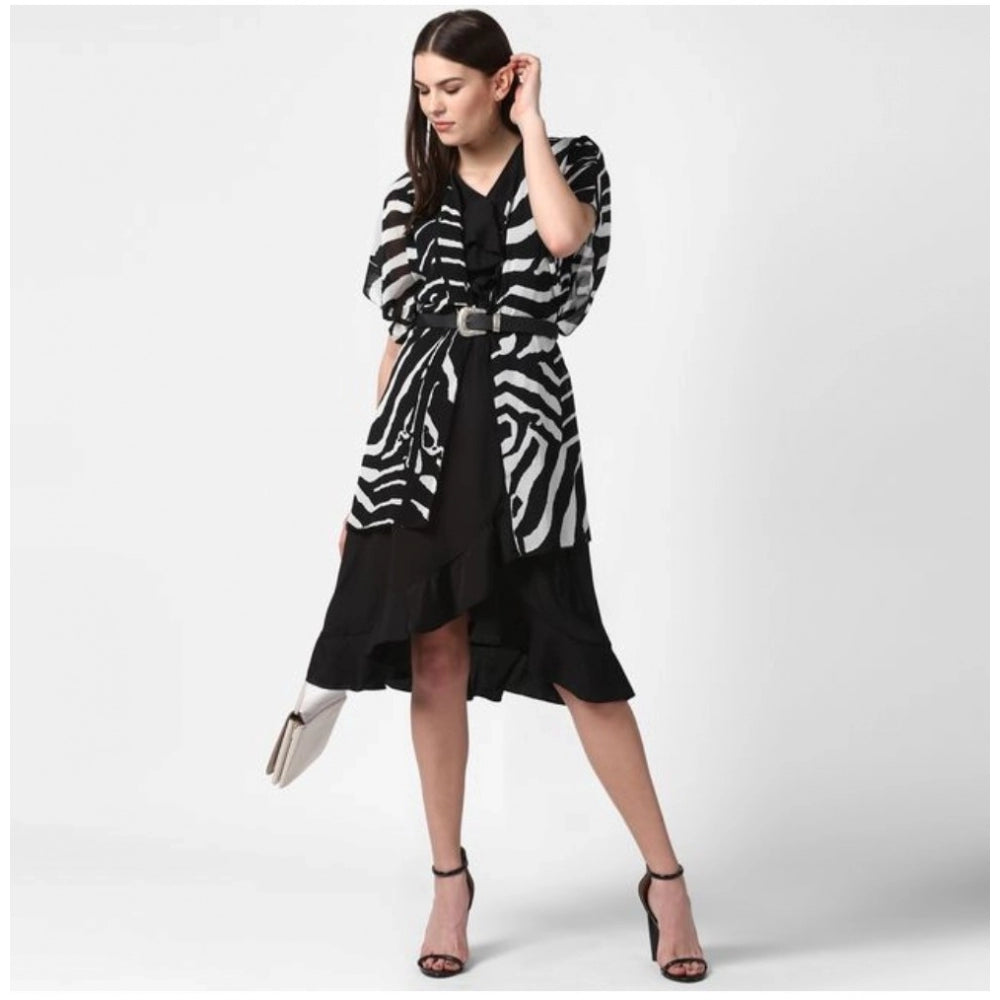 Indoraa Women's Polyester Printed Short Sleeve Shrug (Black)