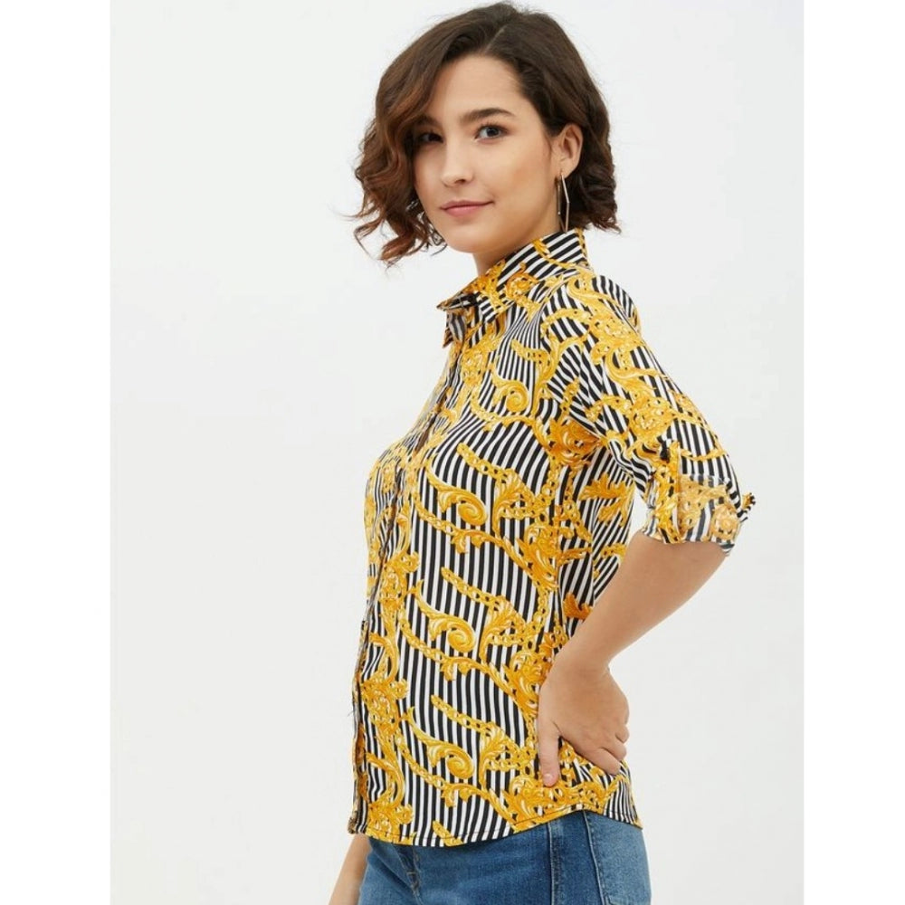 Indoraa Women's Polyester Printed Roll Up Sleeve Standard Length Shirt (Mustared)