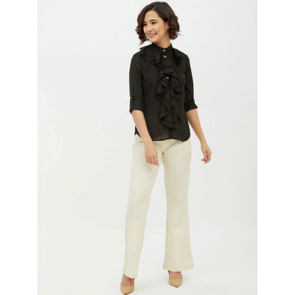 Indoraa Women's Polyester Ruffled Long Sleeves Standard Length Shirt (Black)