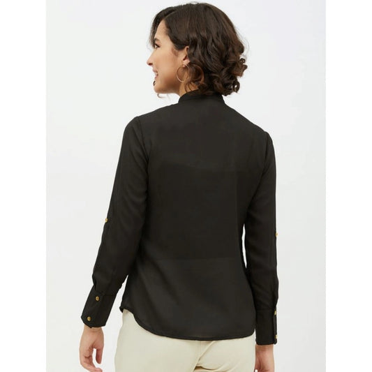 Indoraa Women's Polyester Ruffled Long Sleeves Standard Length Shirt (Black)