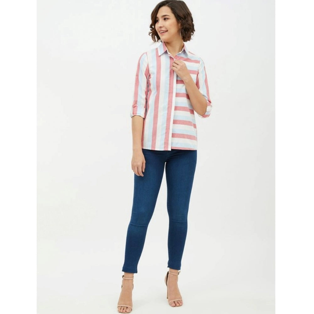 Indoraa Women's Cotton Striped Long Sleeves Standard Length Shirt (Pink)